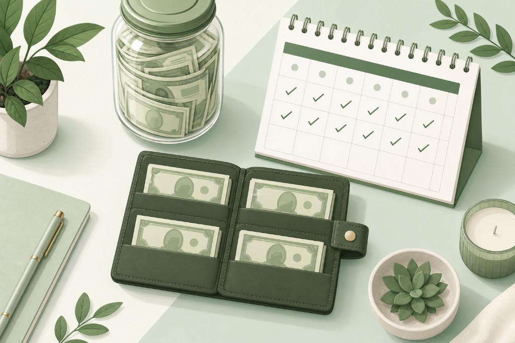 Illustration of a wallet, a marked calendar, and a jar of cash.
